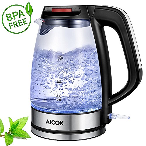 Aicok Hervidor de Cristal, 1.7 L Hervidor de Vidrio Eléctrico con Iluminación LED Interior, 2200W Tetera Eléctrica con Apagado automático...