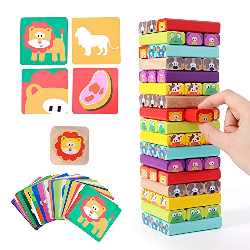 TOP BRIGHT 51 pcs Wooden Tumbling Blocks Stacking Tower Game for Kids Coloured Wooden Board Game for Children