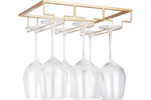 FOMANSH Support de Verre à Vin - Porte-Verres à Pied Suspendu sous Armoire en Métal avec Vis, Support de Rangement pour Verre en Fer Inoxydable avec 3 Rangées pour Cuisine, Bar, Restaurant Doré
