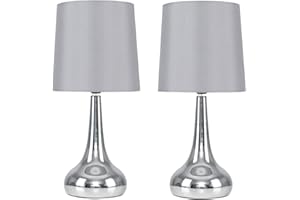 MiniSun | Modern Chrome Teardrop Touch Table Lamps with Grey Fabric Shades | Table Lamps, Home Décor & Improvement Essential | Set of 2 | Includes 5W LED Bulbs [3000K Warm White]