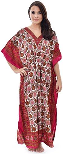 Womens Long Kaftans Printed Long Dress Summer Top (One Size, Red-2)