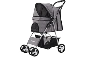 Panana Haustier-Kinderwagen für Hunde und Katzen, zusammenklappbar, Reisewagen, Jogging-Träger, Schwenkräder (grau, 4 Räder)