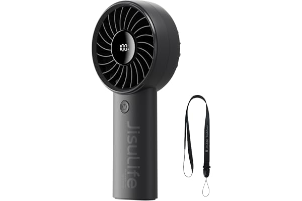 JISULIFE Mini ventilateur portable 5000 mAh avec vent puissant, mini ventilateur rechargeable par USB avec affichage numérique, 5 vitesses de vent, idéal pour les voyages, l'école, les cils - Noir