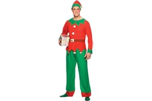 Smiffys Elf Costume, Red & Green with Top, Trousers & Hat, Christmas Adult Fancy Dress, Elf Dress Up Costumes