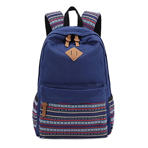 Evay 14 Zoll Notebook Laptop Canvas Bunt Streifen Rucksack f  r Damen Vintage Universit  t Wasserdicht Schulrucks  cke Laptoprucksack