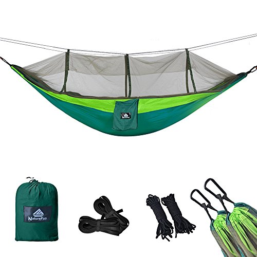 NATUREFUN Mosquitero Hamaca Ligera Viaje y Camping | 300kg de Capacidad de Carga, (275 x 140 cm) Transpirable Nylon de Paracaídas| 2 x Mosquetones Premium, 4 x Correas de Nylon Incluidas