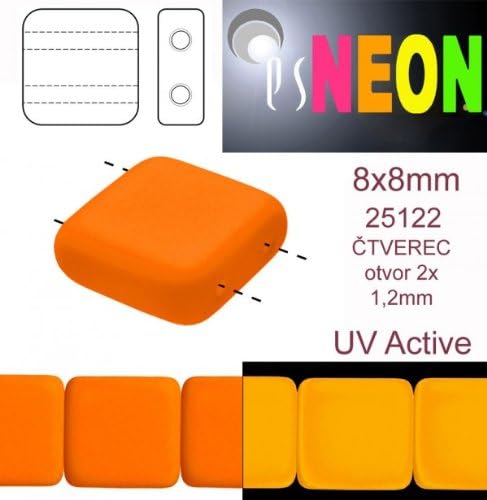 12 pcs Czech Glass Square Beads 2 Holes ESTRELA NEON (UV Active) 8x8 mm Orange