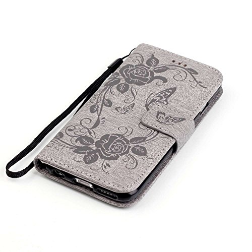 iPhone 6S / iPhone 6 Case Leather [with Free USB Charging Cable], ESSTORE-EU Elegant Butterfly Rose Patterned Embossing PU Leather Stand Function Protective Cases Covers with Card Slot Holder Wallet Book Design Fordable Strap Case for Apple iPhone 6S / iPhone 6 4.7 Inch, Grey