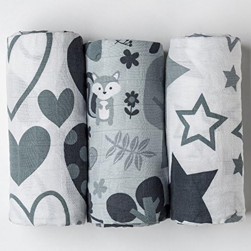 3 x Grey Hearts, Stars &amp; Woodland Extra Large Premium Muslin Swaddle Blankets 120cm x 120cm 100% Cotton