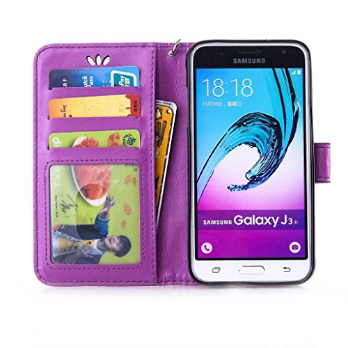 Galaxy J3 2016 Hülle Ledertasche [mit Frei Hartglas Displayschutzfolie], KKEIKO® Schutzhülle PU Leder Tasche Hülle Case für Samsung Galaxy J3 2016, Wickelfalz Handyhülle mit Bändselloch Standfunktion Karteneinschub und Magnetverschluss, Kratzfeste Lederhülle Flip Wallet (Violett #10) - 4