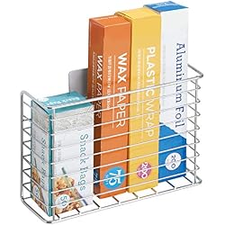 mDesign étagère de cuisine AFFIXX pour ustensiles de cuisine - panier mural à coller - étagère cuisine en métal pour papier alu et sac congélation - argent