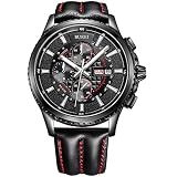 BUREI® Herren-Armbanduhr Chronograph Analog Quarz Lederband Sport Schwarz mit Rot Armbanduhr Wasserdicht Uhr kratzfeste Uhr