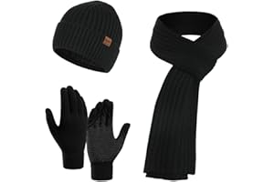 COZYAN Bonnet Écharpe et Gants à Écran Tactile Tricotés Ensemble d'hiver Homme Bonnet Écharpe Ensemble Doublure Doux Chapeau Tricoté Chaud Unisexe Tricot Épais Casquette