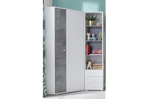 Lomadox Jugendzimmer Set 2-teilig mit Eckkleiderschrank, Regalschrank in Beton und weiß modern