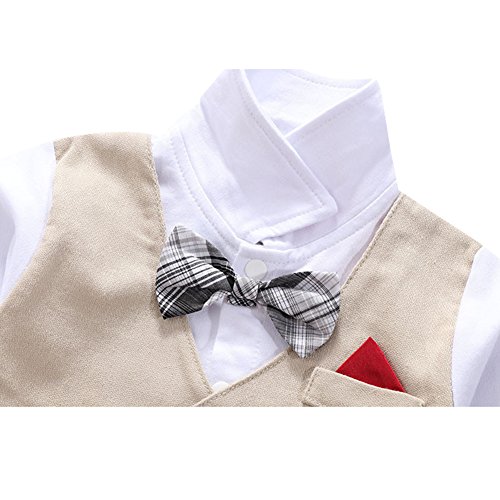 G-Kids Baby Jungen Strampler Gentleman Smoking Anzug Kleinkind Langarm Bekleidungsets Outfits Spielanzug Fliege Hochzeit Taufkleidung (Khaki, 70/3-6 Monate) - 4
