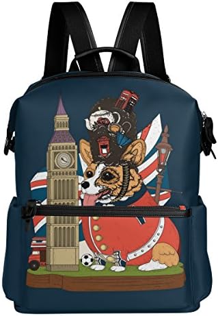 British-style Corgi and London Big Ben Lightweight Waterproof Polyester Large Capacity Backpack Campus Backpack Travel Daypack Navy Blue