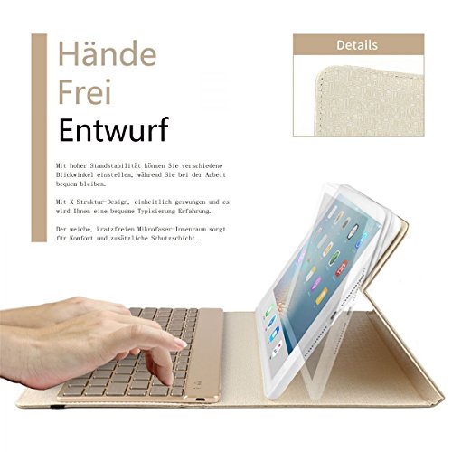 BORIYUAN Apple Ipad 4 Ipad 3 Ipad 2 Leder Case Schutz Tasche Cover mit ultra dünn Alu Bluetooth Tastatur (Deutsche QWERTZ), unterstützten 7 farbige Hintergrundbeleuchtung, Farbe: Gold - 3