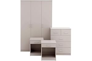 GFW Panama Bedroom Sets With Wardrobe, Chest Of Drawers & Bedside Tables, Modern Wooden Matching Bedroom Furniture Storage Set, Light Grey, 4 Piece Set
