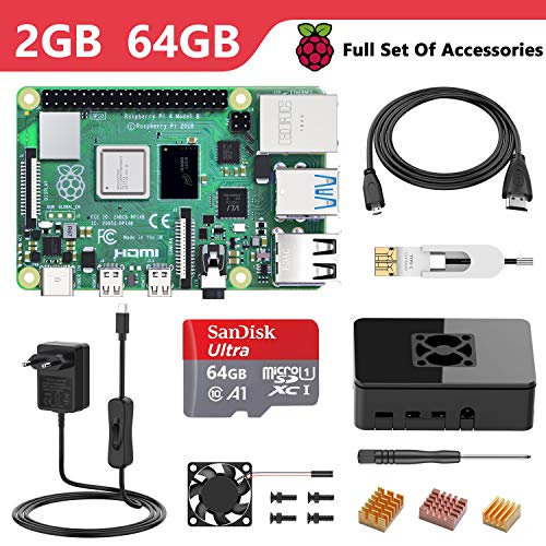 Bqeel Raspberry Pi 4 Modèle B?2019 Version Dernière? 2Go RAM+64 Go Classe 10 Micro SD Carte, 5V 3A Alimentation Interrupteur Marche/Arrêt, Ventilateur, Boîtier Noir,Dissipateur
