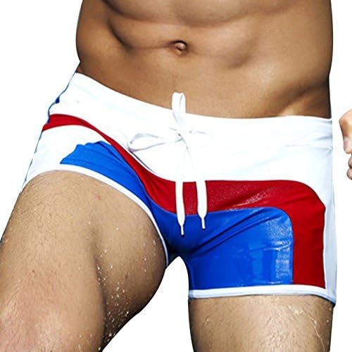 Angelia Girl Men's summer fashion beach three-color mosaic low-waist boxer splicing swim trunks (M, Blue)
