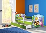Clamaro 'Fantasia Grün' Kinderbett mit Rausfallschutz (38 Motive + Wunschname) 70x140 oder 80x160 inkl. Matratze, Lattenrost, Bettkasten (Unterbett Schublade auf Rollen), keine scharfen Kanten und Ecken durch umlaufende Kantenschutzleisten, Seitenteil verstellbar