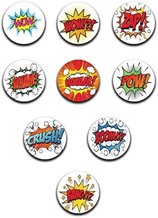 Printed Sewing Pattern Weights. 9 Pack. WOW,ZAP,WHAM,POW,CRUSH,Boom & BANG Designs. Inspired by the BBC Sewing Bee. (40mm Diameter)