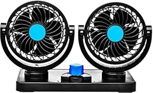 Automaze Car Fan 12V 360 Degree Rotatable Dual Head 2 Speed Quiet Strong Dashboard Auto Cooling Air Fan