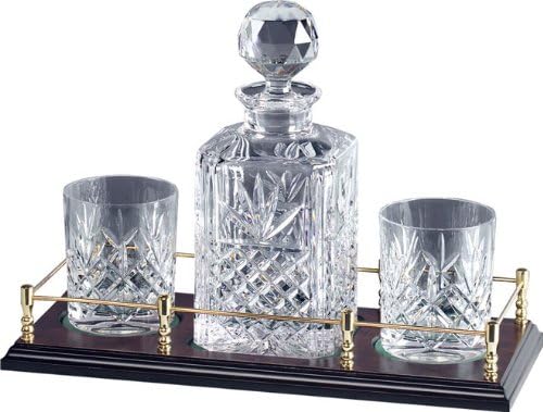 Hand Cut Lead Crystal Spirit Decanter on Wooden Tray with Gallery Rail and Whisky Glasses