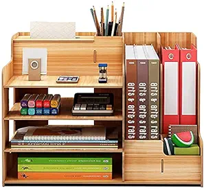 CRISELL Wooden Office Desk Organiser and Accessories, Multi-Functional Stationary Supplies Desktop Organizer Set, Small Wood Desk Organization, Easy Assembly Table Organiser (Desk Organizer)