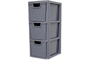 Khanary 3 Plastic Storage Drawer Rattan Style Medium Drawer Multipurpose 3 Tier for Home Office Kitchen Bath Bedroom Garage Study Stationery Toys Books Magazines (H)48 (D)25 (W)19cm Grey