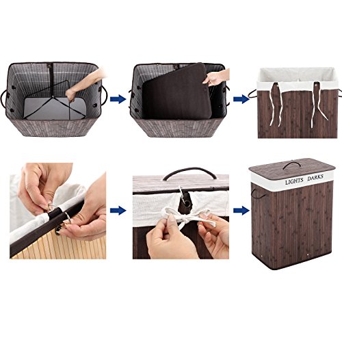 Songmics 100L (62,5 x 52 x 32 cm) Wäschekorb Bambus Faltbar Wäschebox mit 2 Fächern Wäschetonne mit herausnehmbaren Wäschesack Braun LCB64Z - 6