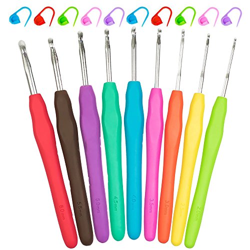 Aodoor Stück Häkelnadeln mit 10 Stück Locking Maschenmarkierer, 9 Farbe Stricknadeln in verschiedenen Größen Aluminiumnadeln für Komfort und schmerzfreies Häkeln