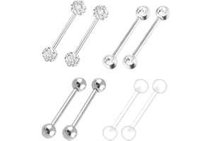 LEEQBCR LEEQ 4 Pairs Barbell Ring 316L inless Steel Nipple Rings Cubic Zirconia Tongue Rings Body Piercing Jewelry, 14 Gauge by LEEQ