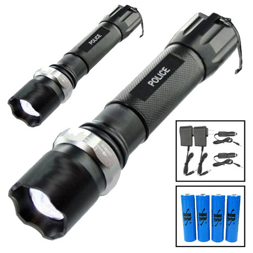 Preisvergleich Produktbild 2x Polizei Swat Led Taschenlampe 5000 Lumen Zoom inkl.4x PowerAkku + Ladekabel