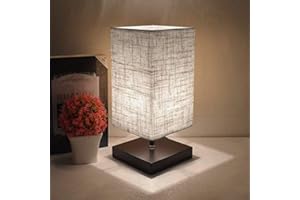 Depuley E27 Lampe Chevet de Nuit Abat-jour Chambre, Lampe de Table Moderne Carré, Base en Bois Naturel et Léger, Interrupteur sur Câble, Design Classique et Scandinave - Ampoule Blanc Chaud Comprise