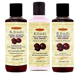 Sonbhadra Khadi Red Onion oil Hair Care Combo - (Shampoo + Hair oil + Hair Conditioner) For Hair Growth SLS and Paraben Free - For All Hair Types - 210ML (Pack of 3)