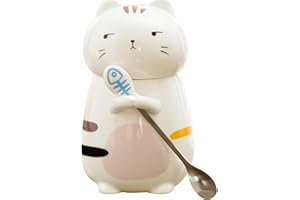 Disoza Kubek z pokrywką Cat Mug 3D, kubek do kawy 400 ml, kot, dekoracja, prezent, ceramiczna filiżanka do herbaty z łyżeczką, do herbaty, kawy, na Boże Narodzenie, prezent urodzinowy dla kobiet,