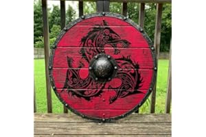 Nautical Replica Hub Medieval Vikings Era Adult Size 24" Shield Handmade Natural Wood & Iron Battle Play Halloween Warrior Cosplay Dark Red