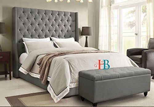 @Heavenlybeds Luxury Upholstered Carved Wingback Bed Frame Chenille Plush Crushed Velvet Double King (5'0 King Size, Charcoal Chenille)