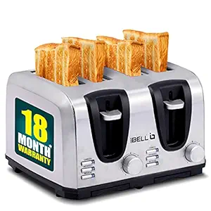 iBELL 2-in-1 Bread Toaster, 4 Slices, Dual Controls, Auto Pop Up, Defrost, Reheat and Crumb Tray | Silver