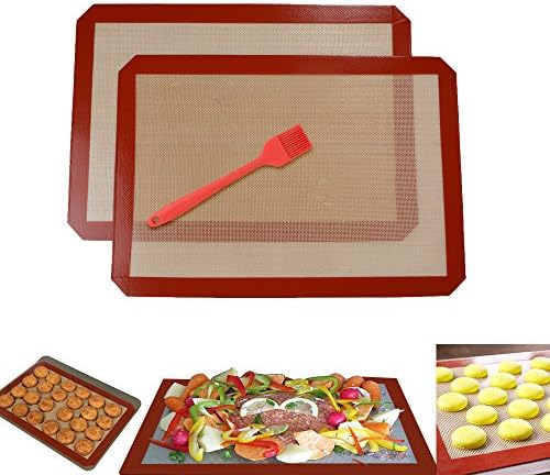 Oucles Silicone Baking Mats Set of 2, Non-stick Half Sheet(Thick & Large 11 5/8" x 16 1/2") Silicone liner for Bake Pans and Grills- Pastry, Cookie, Bread Making, Bonus 1 piece Basting Brush(8 inch)