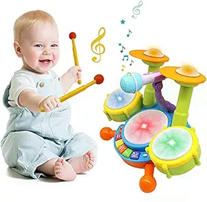 ESOTERICA Kids Drum Set, Electric Musical Instruments Toys with 2 Drum Sticks, Beats Flash Light and Adjustable Microphone, Early Learning Birthday Gift for 1-12 Years Old Boys and Girls, Multicolor