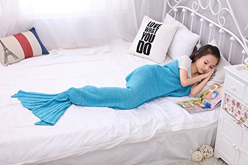 Mermaid Decke, AIGUMI All Seasons Mermaid Schwanz Schlafsack Decke, Häkeln Handwerk Warm Sofa Wohnzimmer Decke für Kinder (Himmelblau) - 2