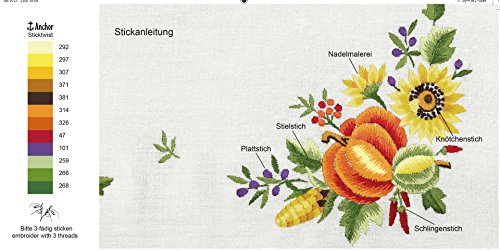 Bezaubernde Stickpackung “ SONNENBLUMEN UND KÜRBIS “ – Stickdecke 80 cm x 80 cm – Stielstich Plattstich Knötchenstich Nadelmalerei vorgezeichnet – Stickgarn aus 100 % Baumwolle – fertig gesäumt mit eingewebtem Zierrand – qualitativ hochwertig – zum Sofort-Loslegen – Mitteldecke 80 cm x 80 cm – zum Selbersticken – aus dem KAMACA-SHOP - 2