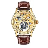 North King Mechanische Uhren Luxus gelben Zifferblatt braun Leder Band verziert Edelstein 3D geprägte 24K vergoldet Gold Mann Armbanduhr