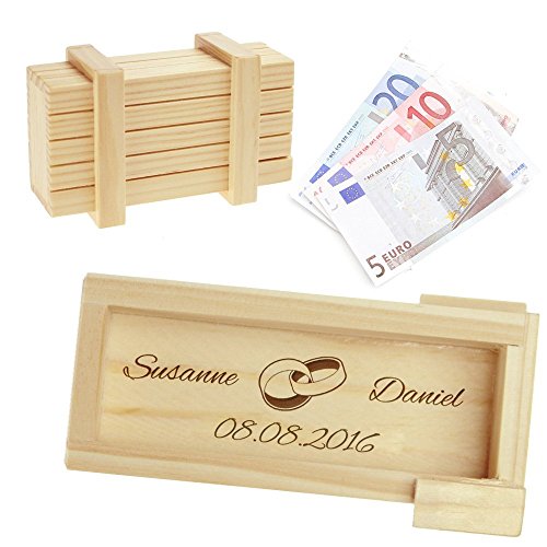 Magische Geschenkbox zur Hochzeit - personalisiert mit Namen und Gravur - Trickkiste für Geldgeschenke - Knobelspiel - Verpackung für Hochzeitsgeschenke - Motiv Ringe – hell - 10,5 x 6,5 x 4 cm
