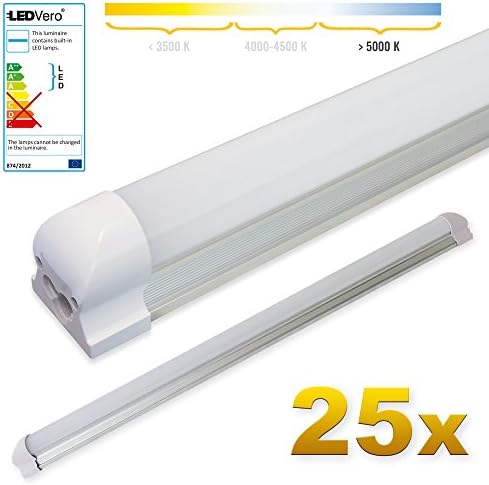 LEDVero 25x SMD LED tube with fixture fluorescent tube in cold white T8 G13 frosted cover - (35.43') 90 cm, 14W, 1400 lm - ready for assembly