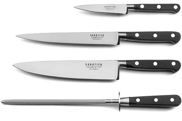 SABATIER TROMPETTE - Ensemble 3 couteaux de cuisine et 1 fusil à aiguiser - Origin - Acier 5Cr15MoV - Finition Satinée - Noir