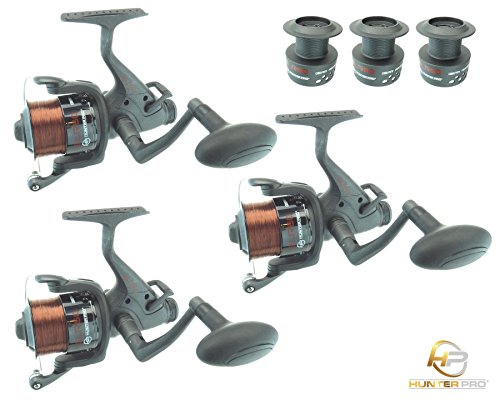 3 X Carp Pike Bait Hook Runner Reel Freespool Reel + Line & Spare Spool Hunter Pro Carp Pike Reel