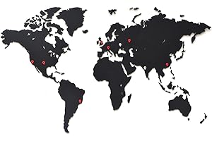 MiMi Innovations Lussuosa mappa del mondo in legno - Decorazione murale / Mappa mondiale arte della parete per casa, ufficio, camera da letto e corridoio - 90X54 cm - Nero